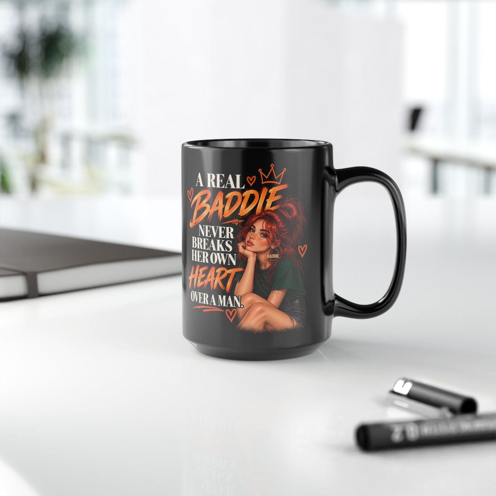 Baddie Coffee Mug – "A Real Baddie Never Breaks Her Own Heart Over a Man" Black Ceramic Mug (11oz/15oz) - Image 8