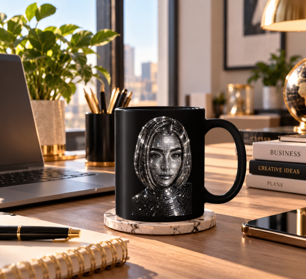 Black Ceramic Mug — Futuristic Disco Portrait Coffee Cup