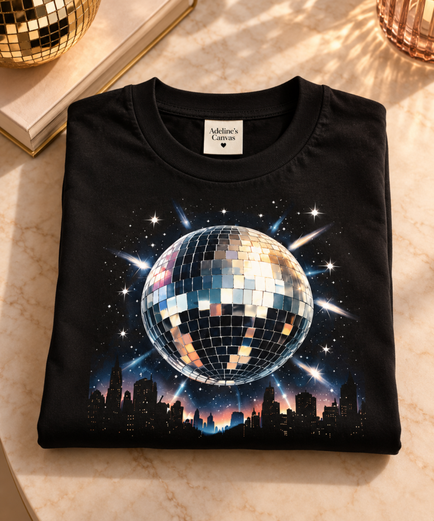 Disco Night T-Shirt — Mirrored Disco Ball Over City Skyline