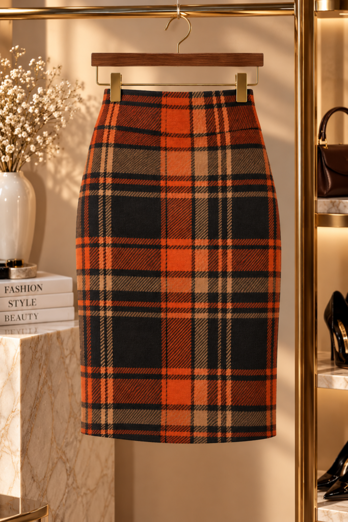Women's Orange Black Plaid Pencil Skirt