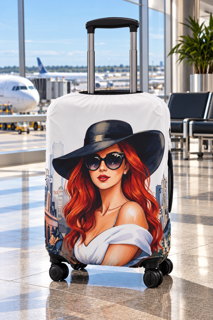 Fashionista Luggage Cover — Redhead Woman in Sun Hat Travel Protector
