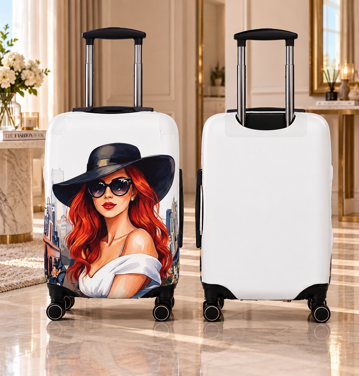 Fashionista Luggage Cover — Redhead Woman in Sun Hat Travel Protector - Image 2