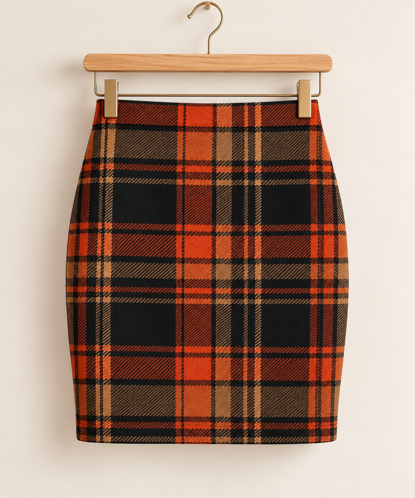 Autumn Plaid Pencil Skirt — Orange & Black Mid-Waist Plaid Skirt