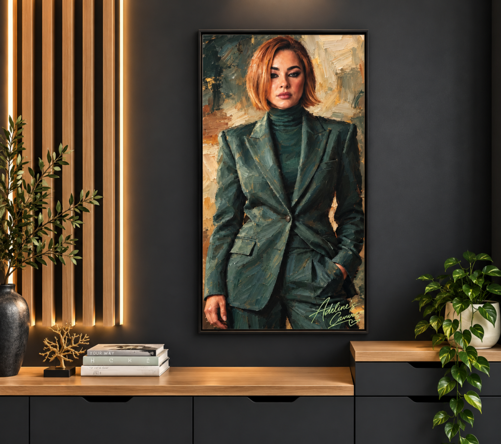 Framed Matte Canvas Portrait – Elegant Woman in Green Suit Art Print