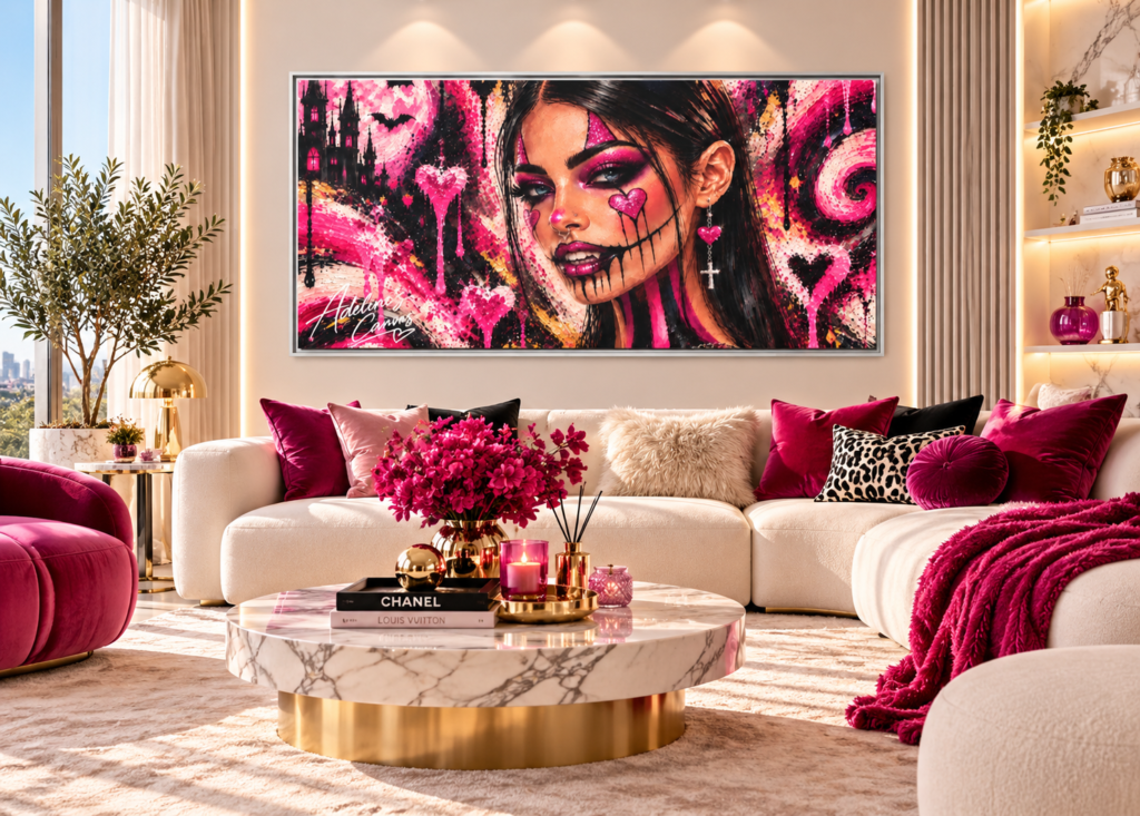 Gothic Pink Day of the Dead Portrait — Framed Matte Canvas