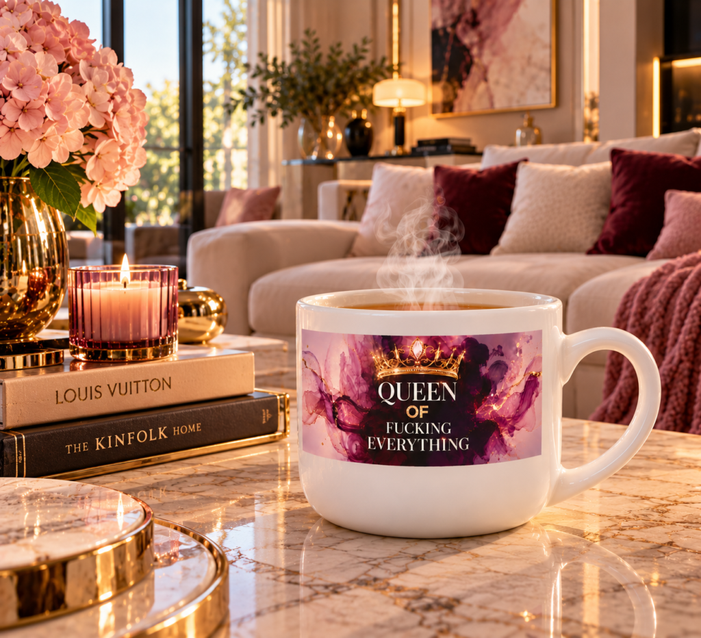 Queen of Everything Mug | 25oz Ceramic Latte Mug, Crown Typography