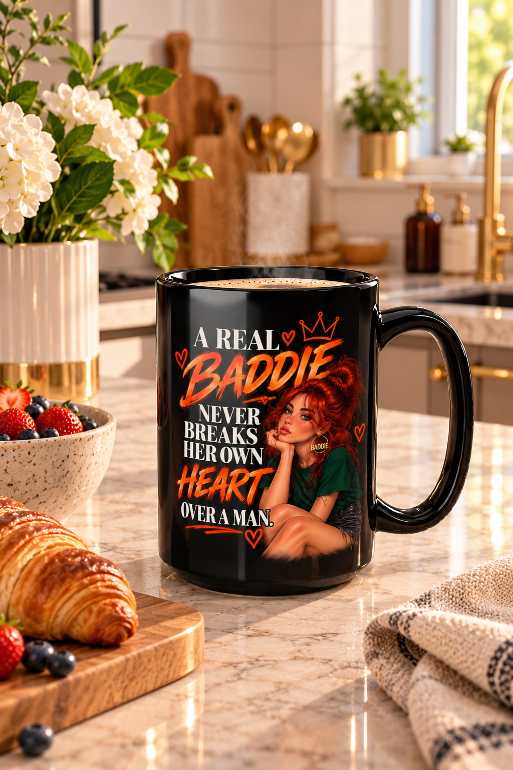 Baddie Coffee Mug – "A Real Baddie Never Breaks Her Own Heart Over a Man" Black Ceramic Mug (11oz/15oz) - Image 2