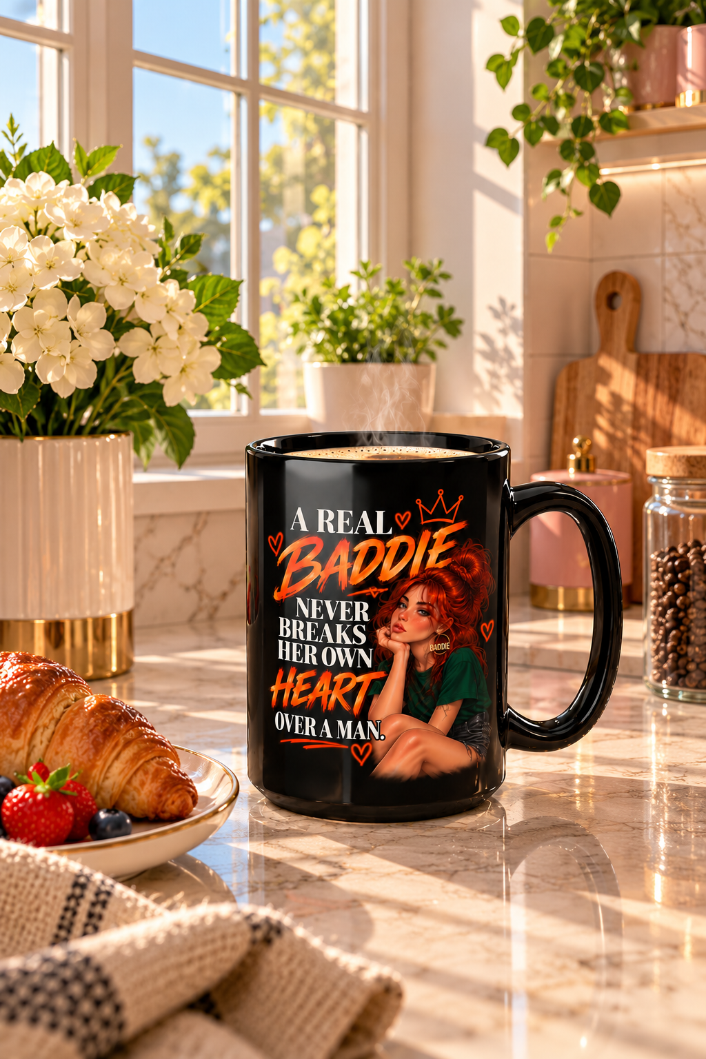 Baddie Coffee Mug – "A Real Baddie Never Breaks Her Own Heart Over a Man" Black Ceramic Mug (11oz/15oz) - Image 3