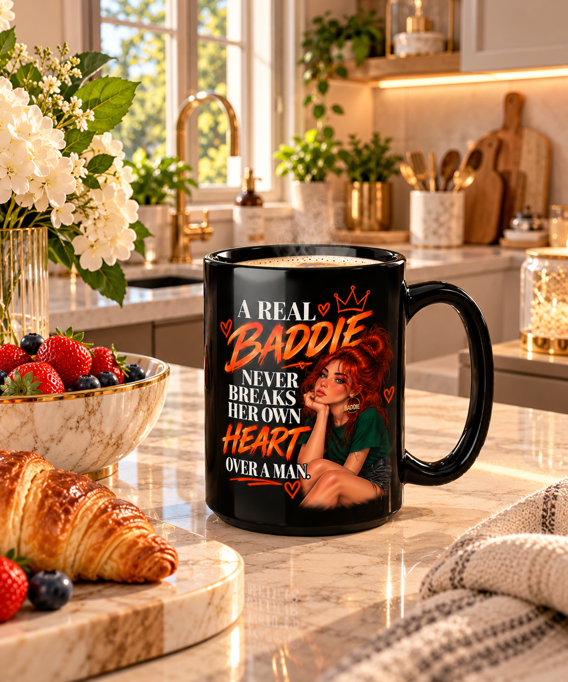 Baddie Coffee Mug – "A Real Baddie Never Breaks Her Own Heart Over a Man" Black Ceramic Mug (11oz/15oz) - Image 4