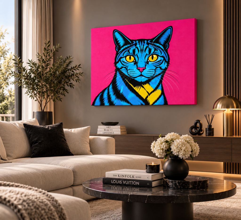 Pop Art Cat Canvas Print – Blue Tabby Portrait on Pink