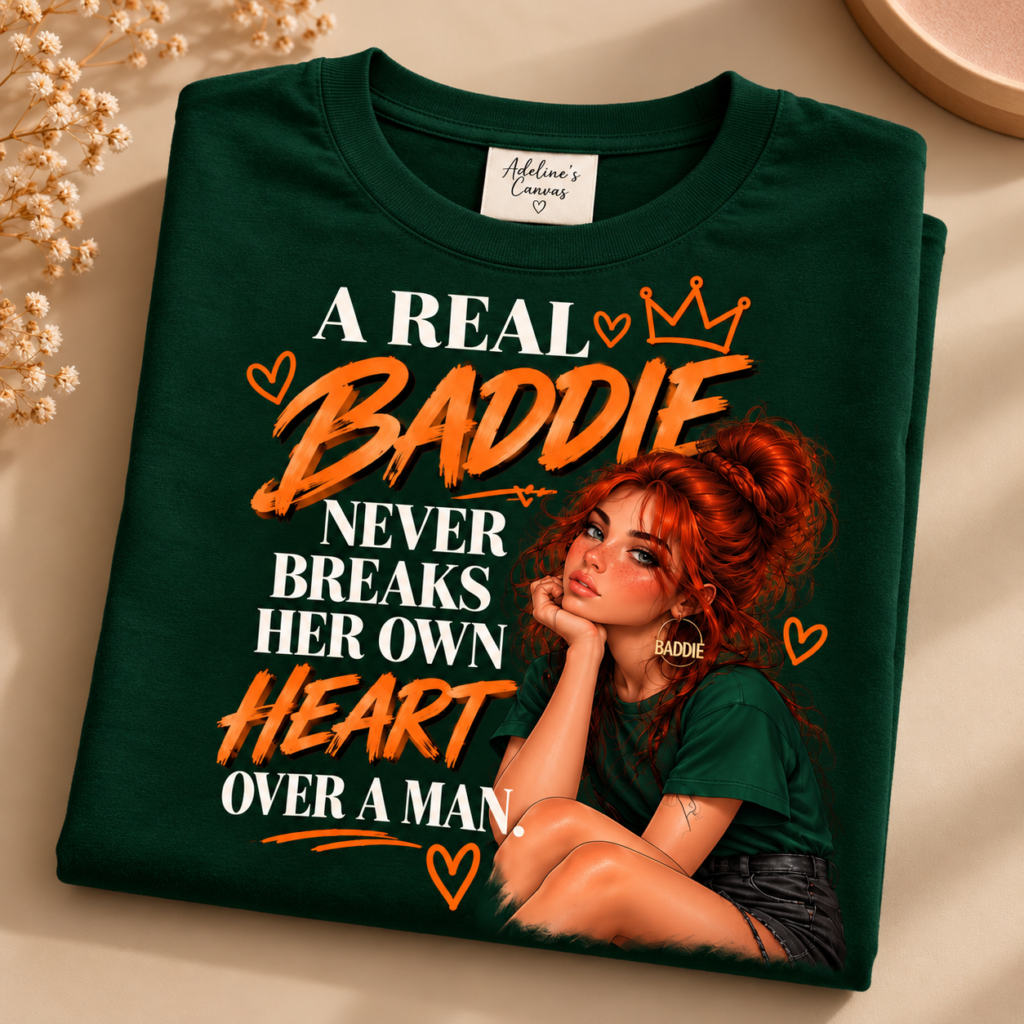 A Real Baddie Tee — "A Real Baddie Never Breaks Her Own Heart Over a Man" Graphic T‑Shirt