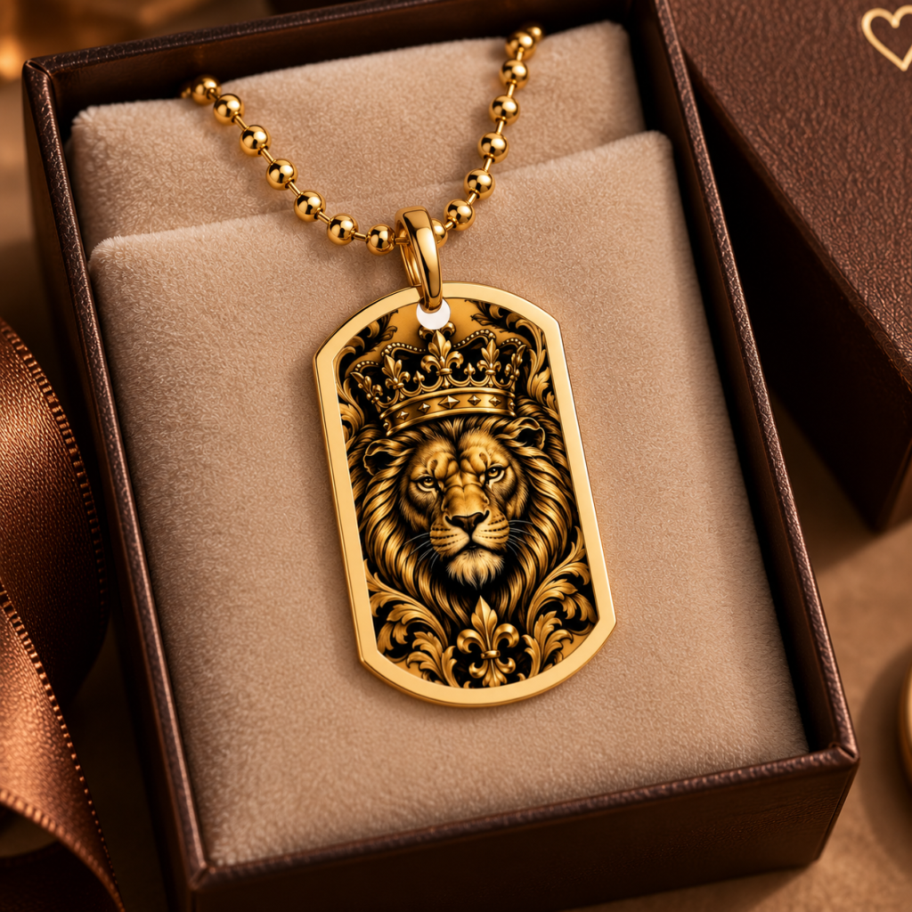Gold Lion Dog Tag Necklace — Regal Crowned Lion Pendant on Chain