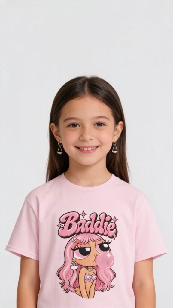 Baddie Girl Character Kids Tee | Pink Cartoon Graphic