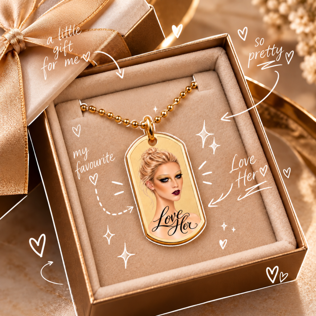 Blonde Portrait with 'Love Her' Script Dog Tag