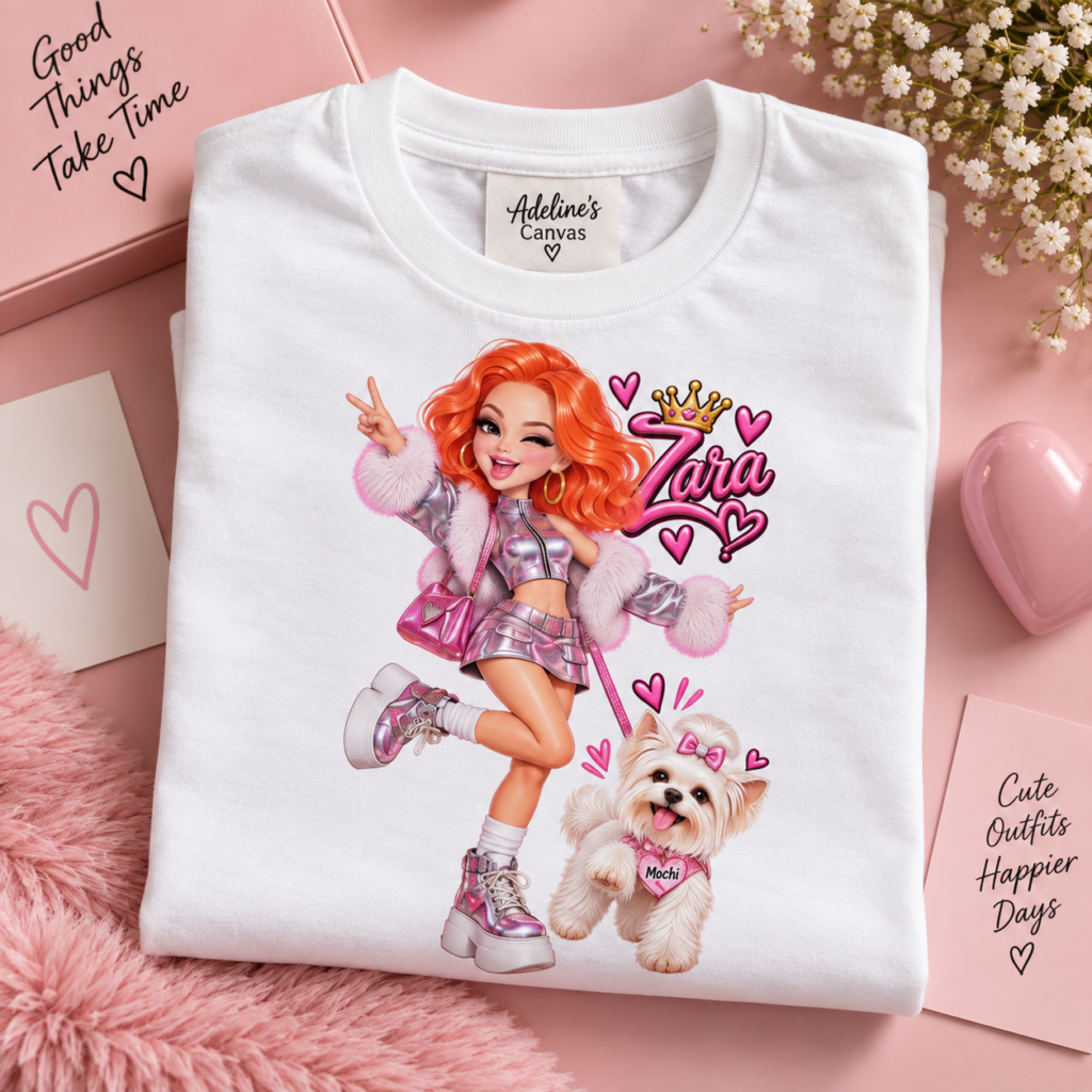 Zara and Mochi Kids Tee | Pink Hearts, Playful Cartoon