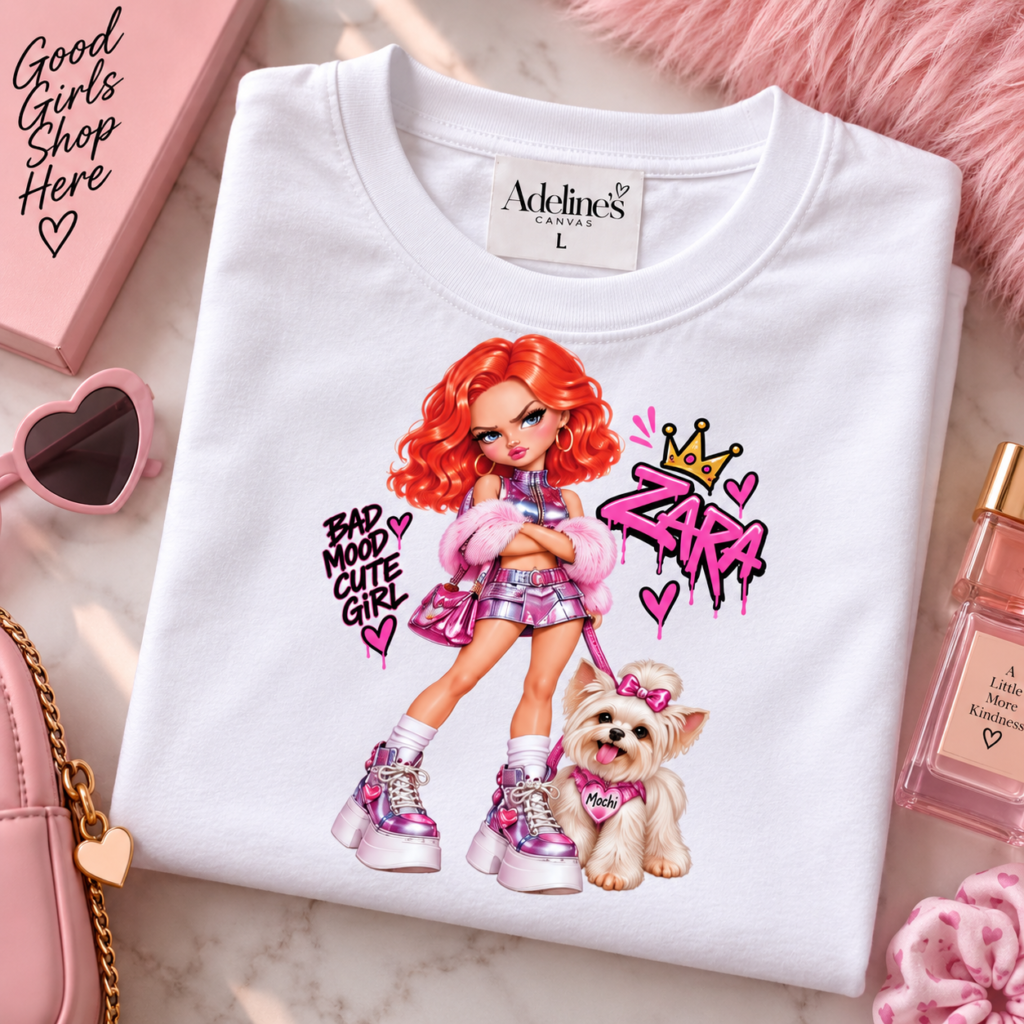 Zara Doll with Puppy Mochi Kids Tee | Cute Girly Graphic, Pink Sneakers