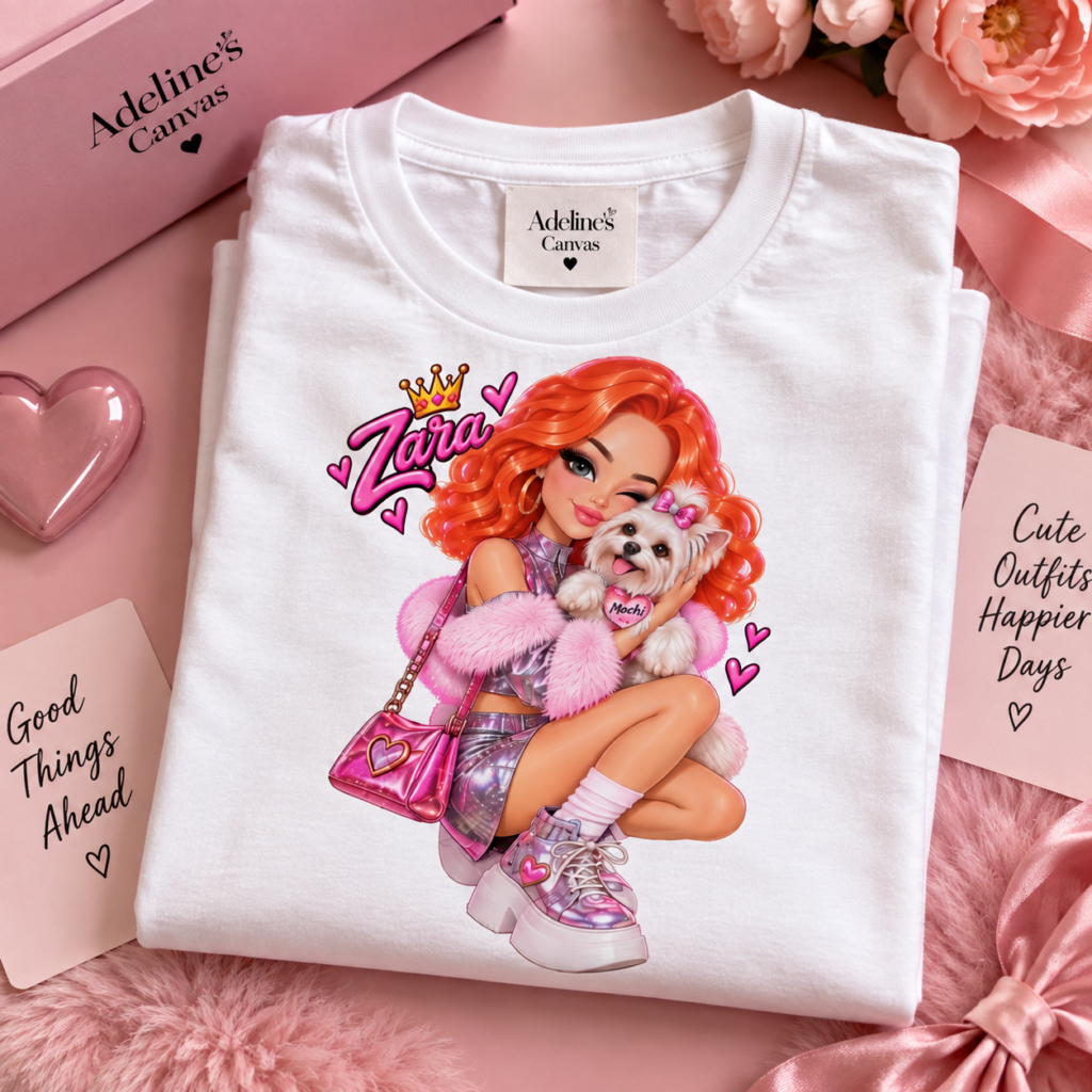 Zara and Mochi Kids Tee | Cute Pink Outfit, Hearts, Sparkle Bag