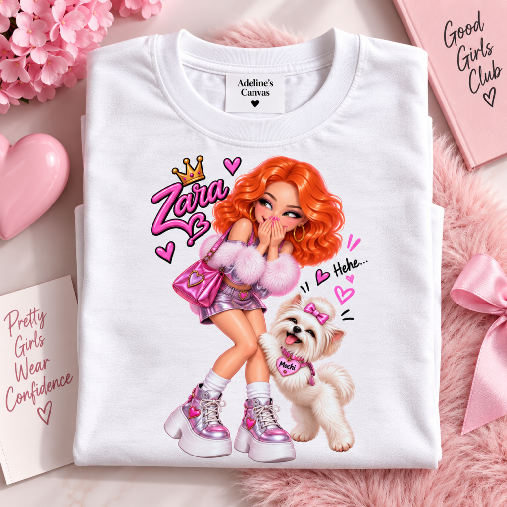 Zara and Mochi Kids Tee | Cute Cartoon, Pink Hearts