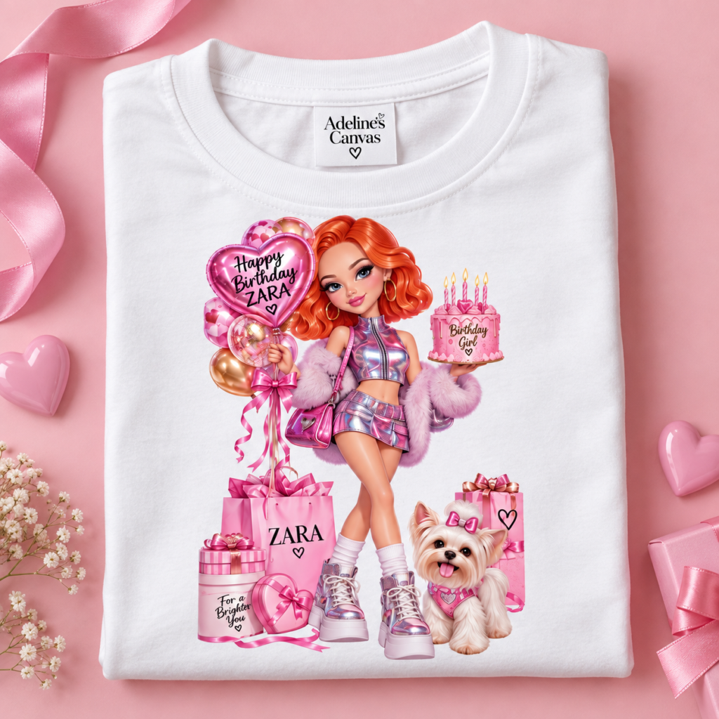Zara with Balloons Kids Tee | Pink Birthday Doll Illustration