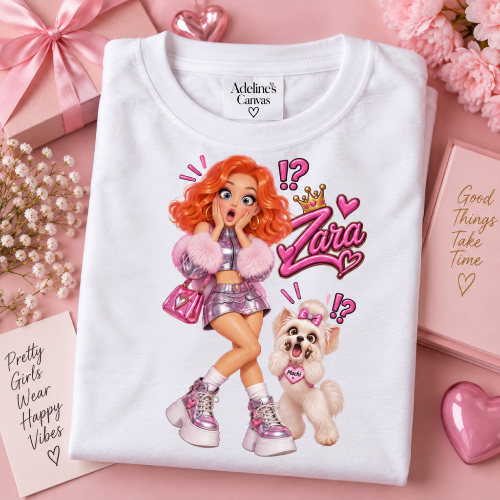 Zara and Mochi Kids Tee | Cute Cartoon Character, Pink Outfit