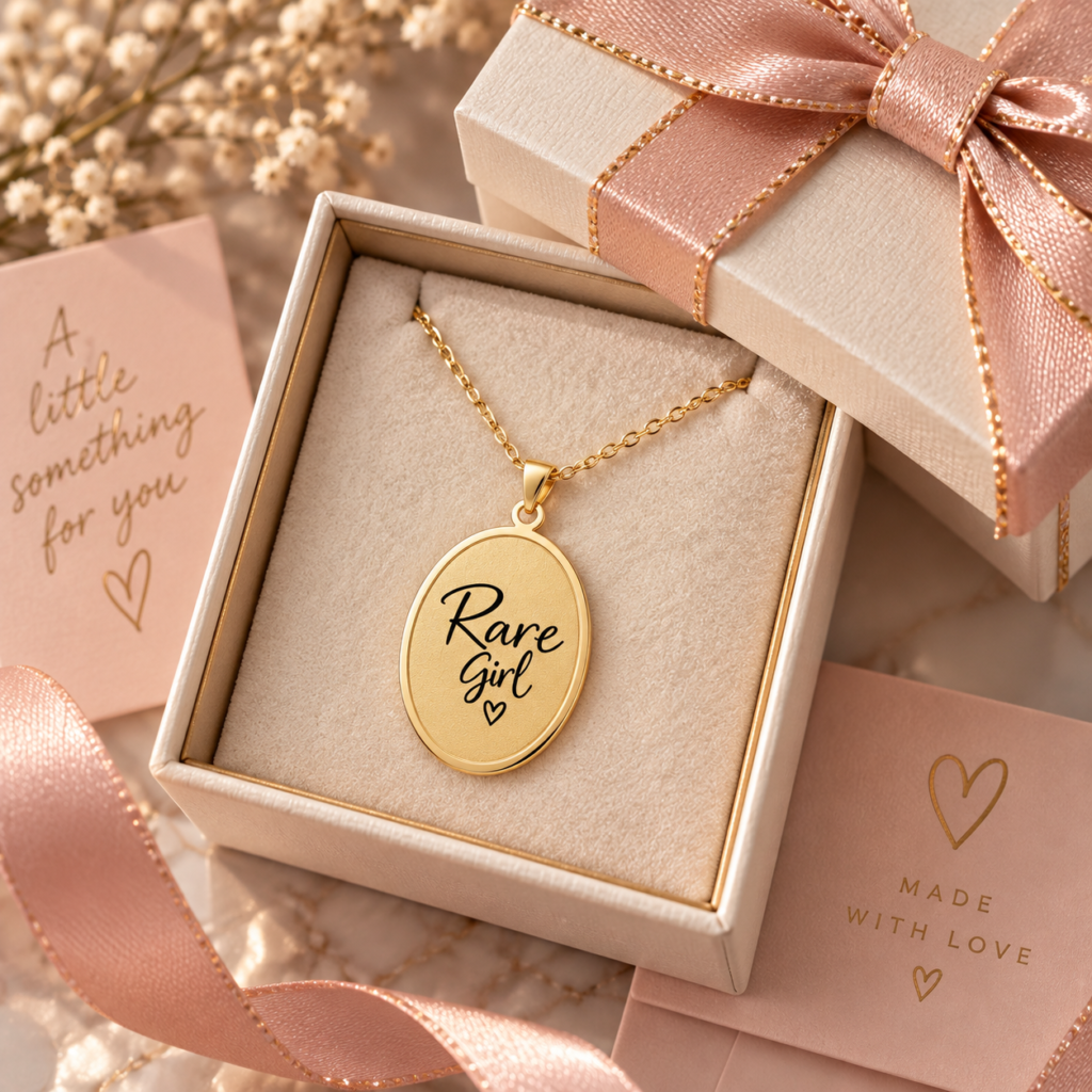 Rare Girl Oval Pendant Necklace — Inspirational Engraved Jewelry Gift