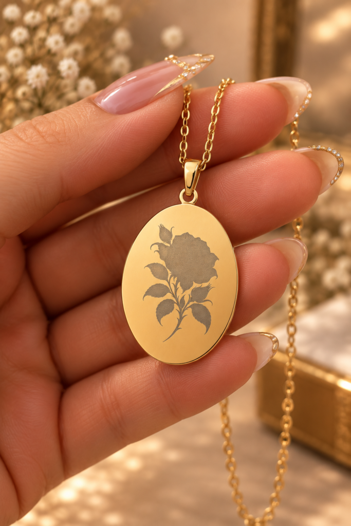 Rose Silhouette Oval Pendant | Floral Engraved Necklace
