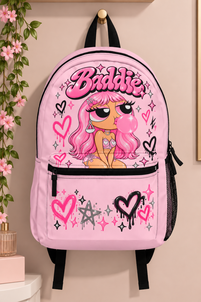 Baddie Pink Cartoon Girl Backpack – Cute Heart & Star School Bag