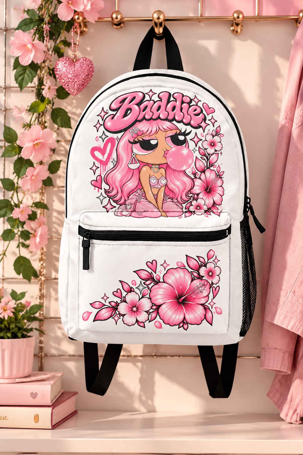 Baddie Pink Floral Backpack — Cute Kawaii Bubblegum Girl School Bag