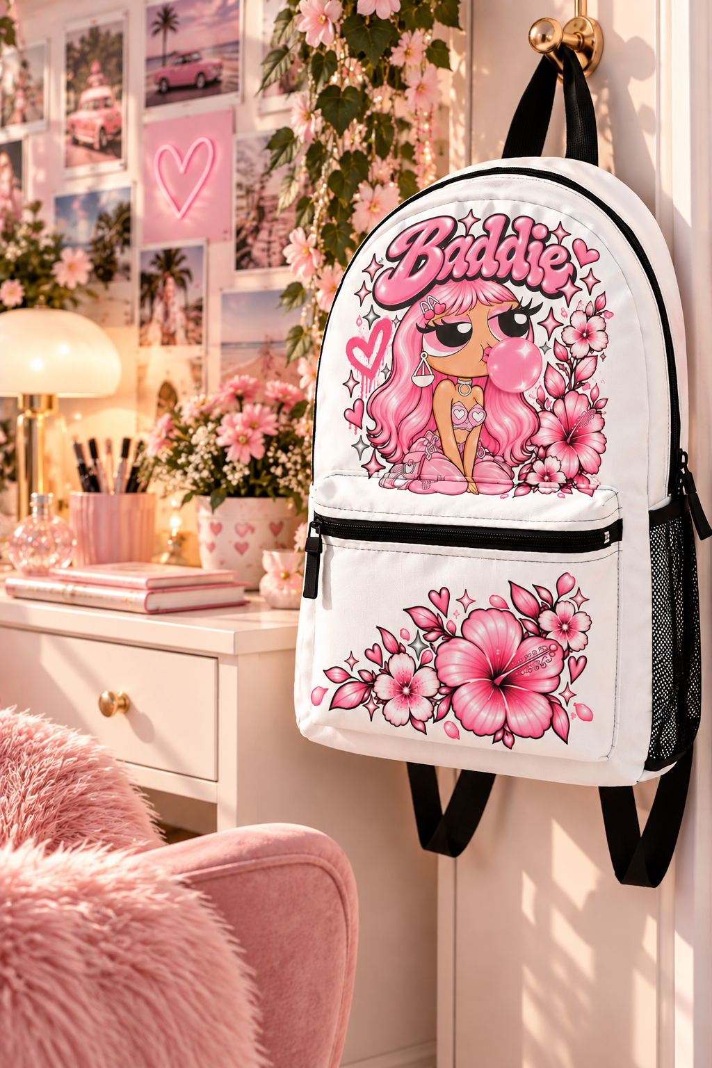 Baddie Pink Floral Backpack — Cute Kawaii Bubblegum Girl School Bag - Image 2