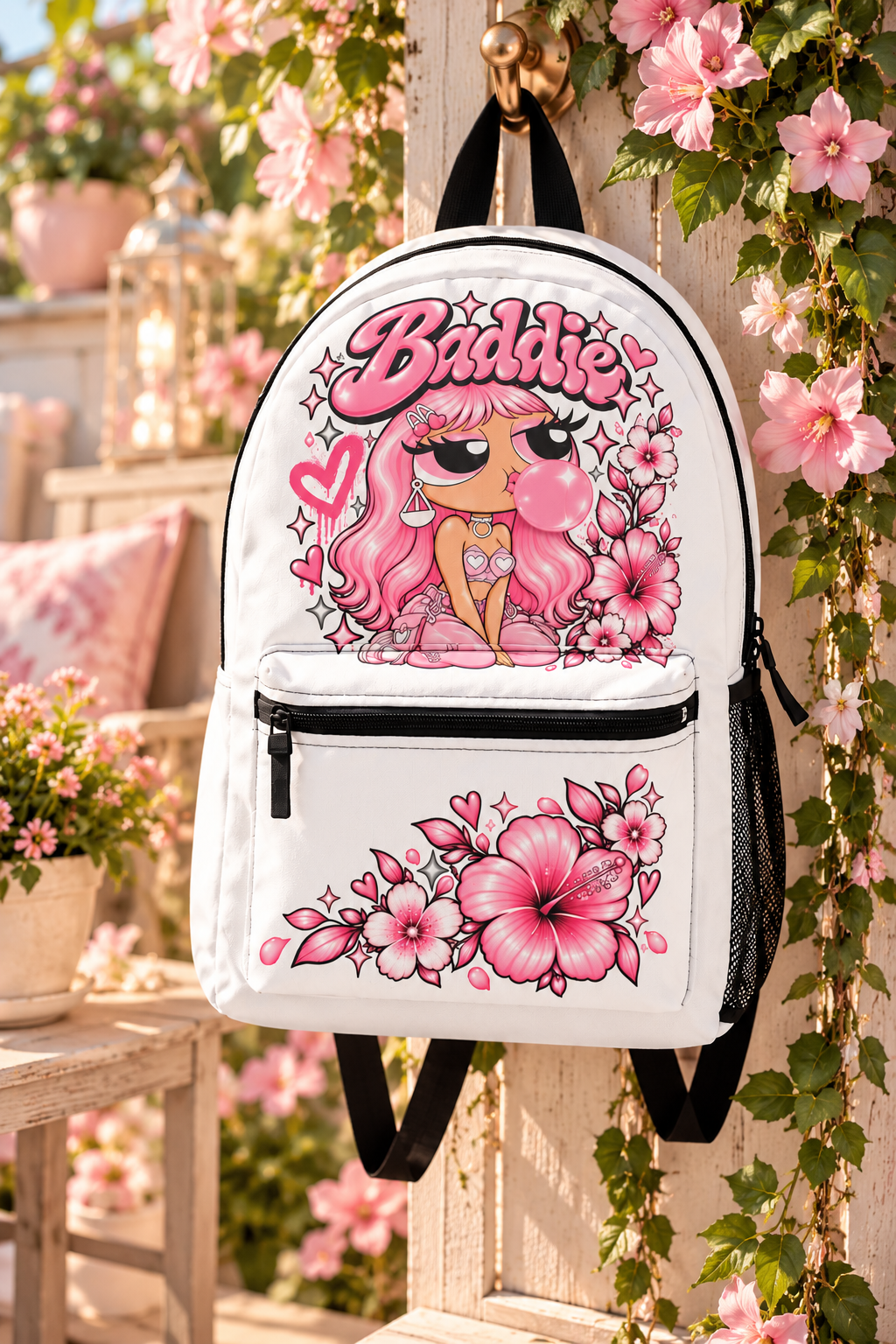 Baddie Pink Floral Backpack — Cute Kawaii Bubblegum Girl School Bag - Image 3