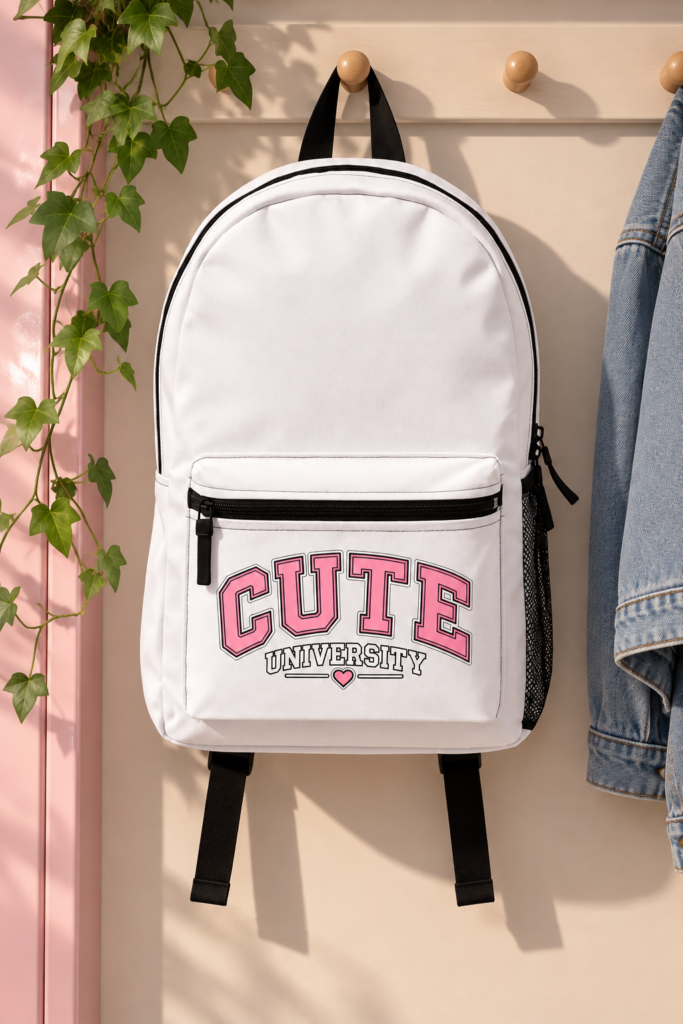 Cute University Pink Campus Backpack – 'CUTE' College Bookbag for Teens & Students
