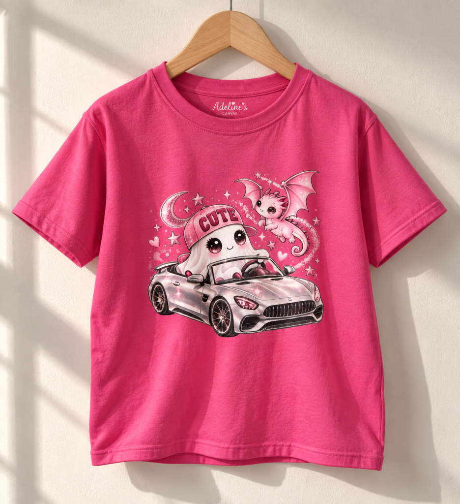 Cute Ghost Driving Sports Car kids T-Shirt | Pink Kawaii Car Boo Design