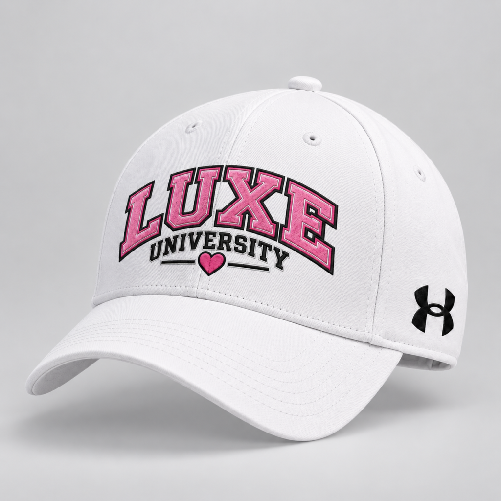Luxe University Baseball Cap — Pink Embroidered Collegiate Logo Hat