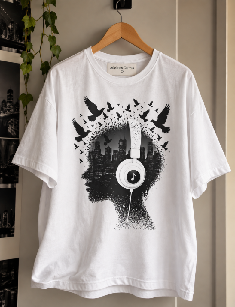 Music Mind Profile T‑Shirt — Silhouette Headphones City & Birds Graphic Tee