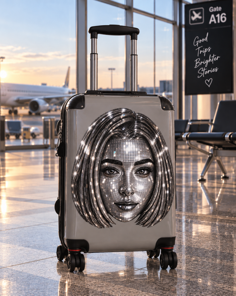 Disco Mirror Ball Portrait Suitcase | Silver Face Luggage