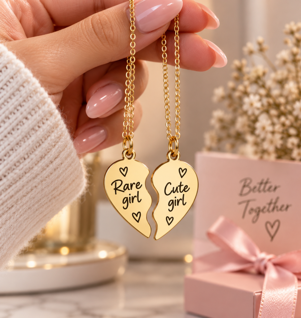 Rare Girl + Cute Girl Best Friend Necklace Set/ Engraved Break Apart Heart Necklace Set | Split Heart Pendant Necklace