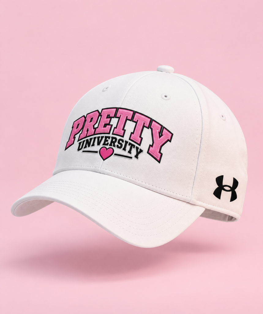 Pretty University Baseball Cap — Pink Embroidered Heart Logo