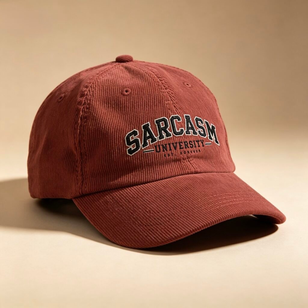 Sarcasm University Corduroy Cap — Vintage Embroidered Dad Hat