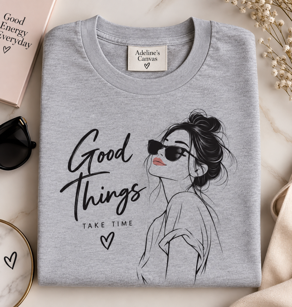 Good Things sketch girl illustration T-Shirt | positive message, sunglasses art