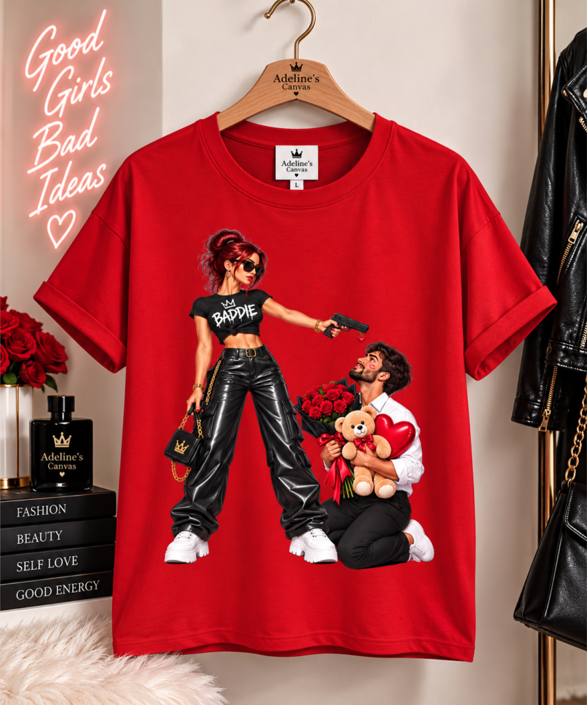 Badass Couple Graphic Tee — Woman with 'Badass' Crop Top & Man Kneeling with Roses and Teddy
