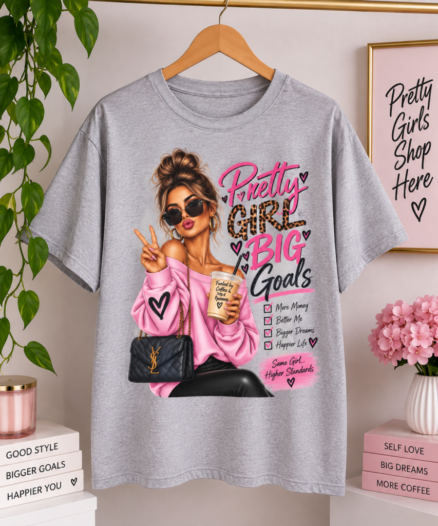 Pretty Girl Big Goals graphic tee | Woman with coffee illustration