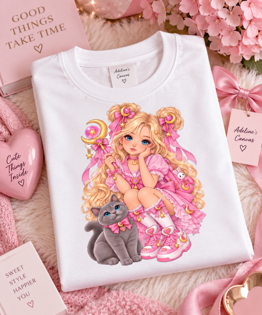 Blonde Kawaii Girl with Gray Cat Youth T-Shirt | Cute Anime Princess Design