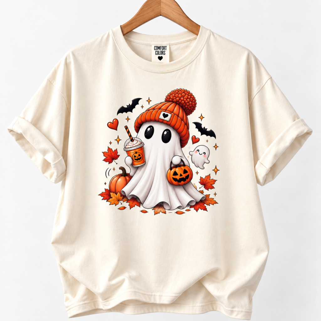 Cute Halloween Ghost Tee — Pumpkin, Bats & Cozy Beanie Graphic Shirt
