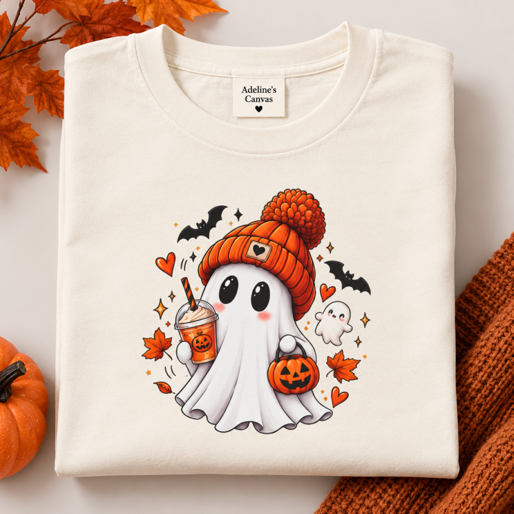 Toddler Tee — Cute Halloween Ghost with Pumpkin Candy (Trick-or-Treat)