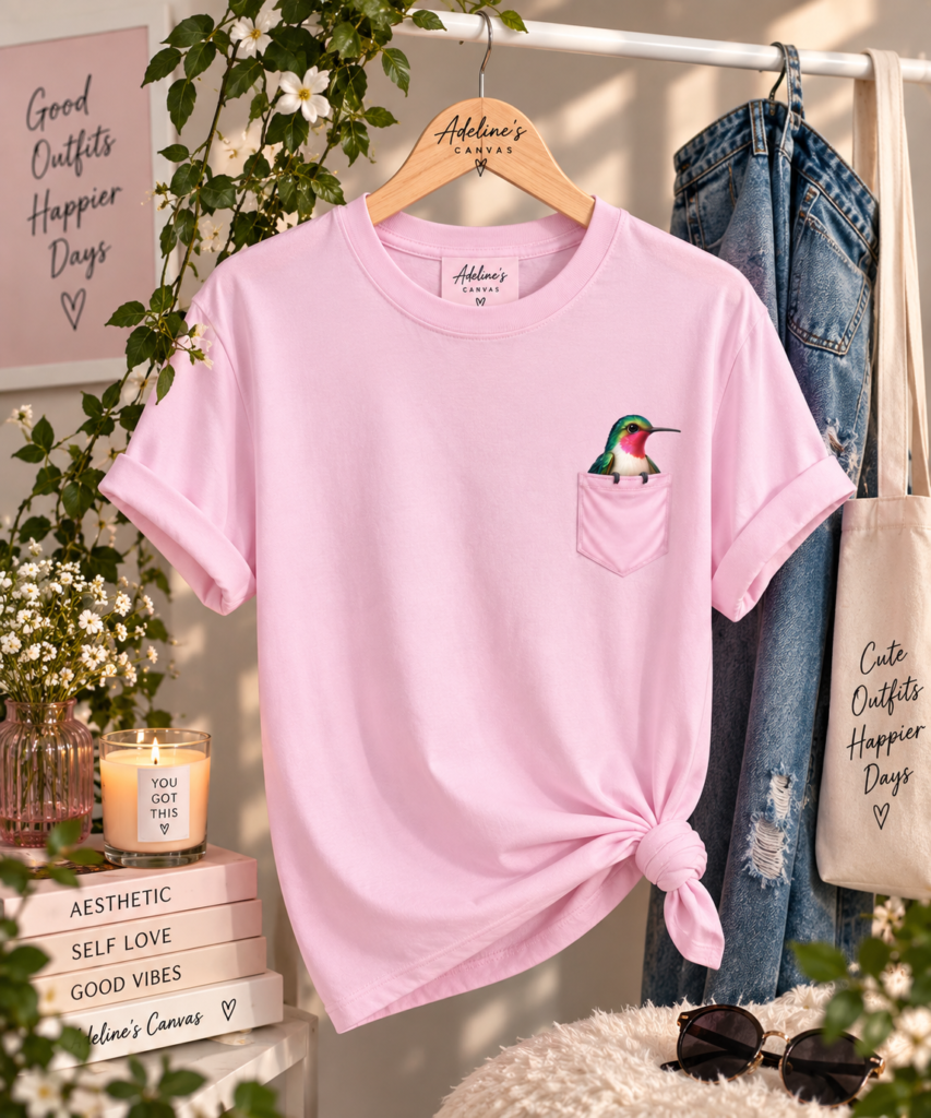 Hummingbird Pocket T‑Shirt — Cute Pink Tee with Tiny Pocket Bird