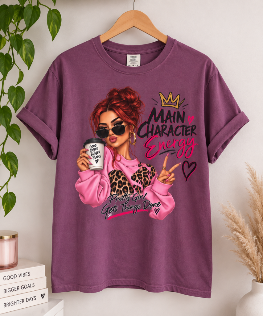 Main Character Energy graphic tee | Woman with coffee illustration