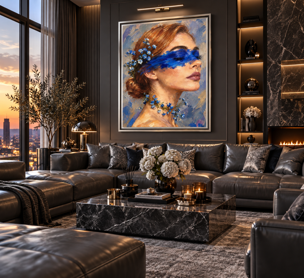 Framed Canvas Art – Woman with Blue Brushstroke Blindfold, Floral Portrait Print