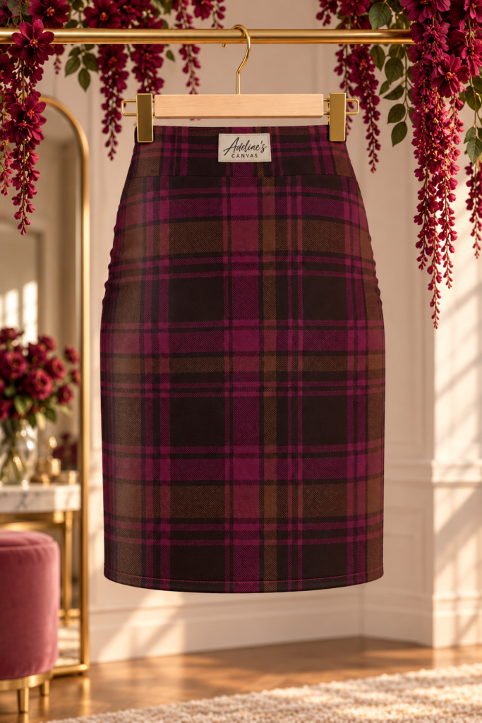 Burgundy Pink Tartan Plaid Pencil Skirt
