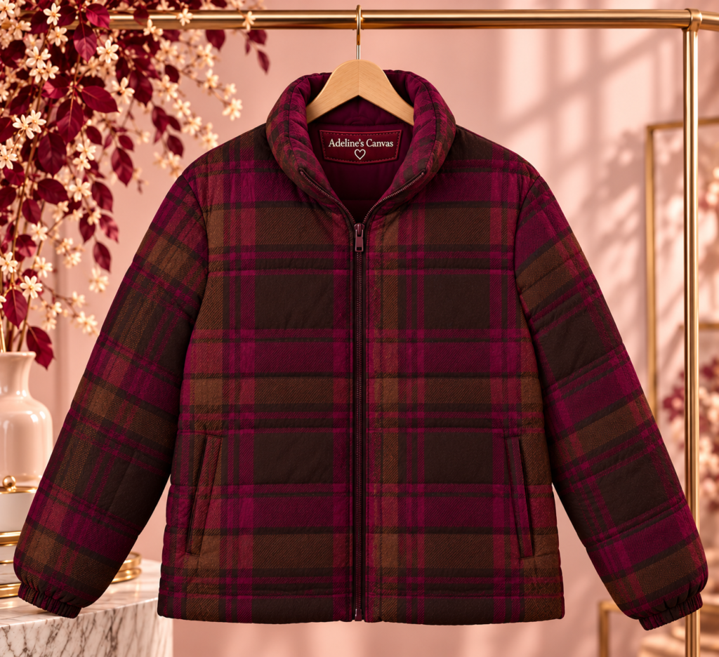 Burgundy Plaid Puffer Jacket