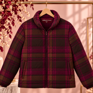 Burgundy Plaid Puffer Jacket